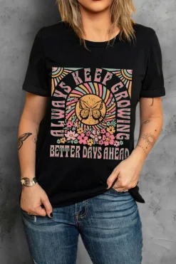 Best Dear-Lover Always Keep Growing Butterfly Flower Crewneck Graphic Tee Black