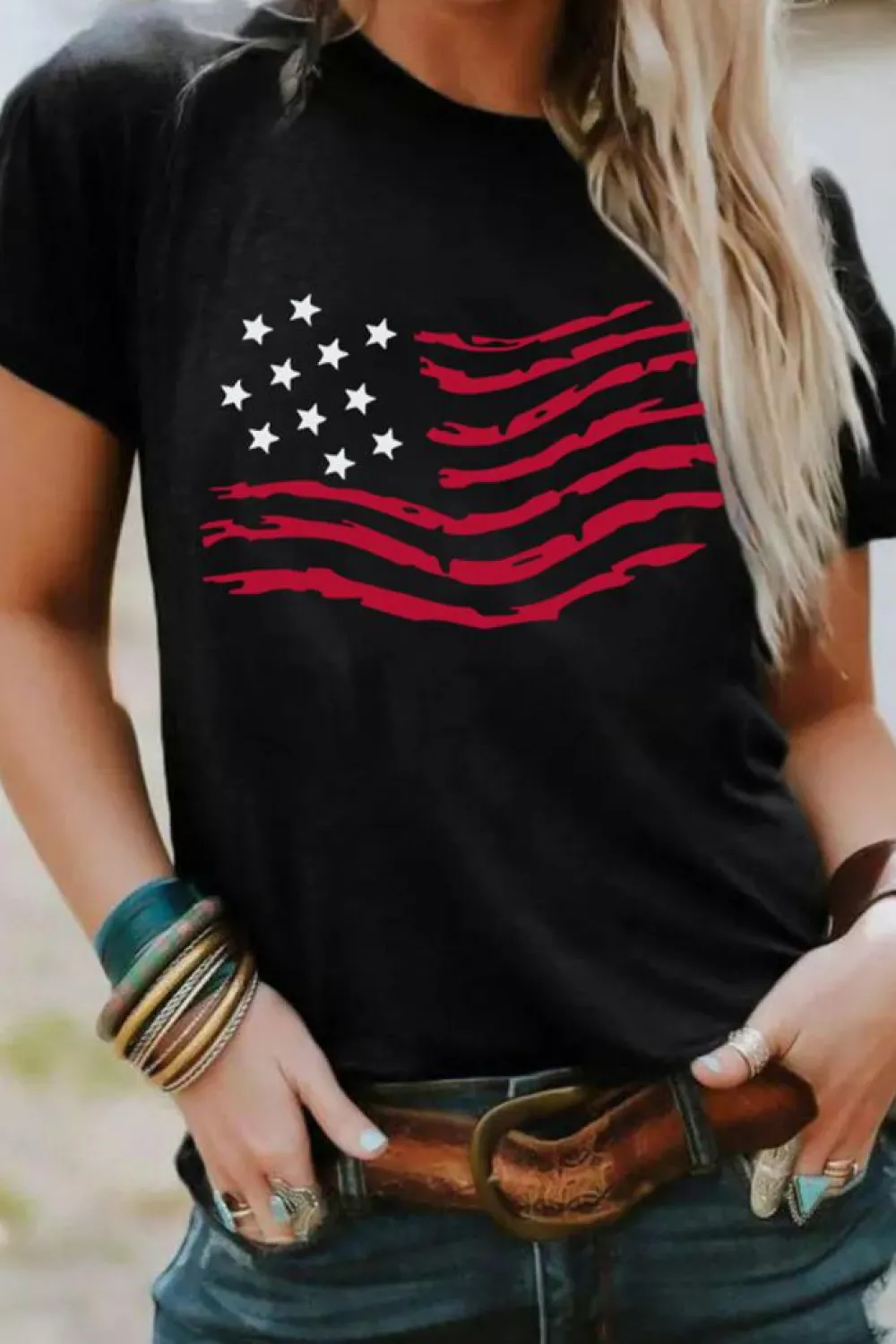 Discount Dear-Lover American Flag Graphic Crew Neck T Shirt Black