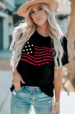 Discount Dear-Lover American Flag Graphic Crew Neck T Shirt Black