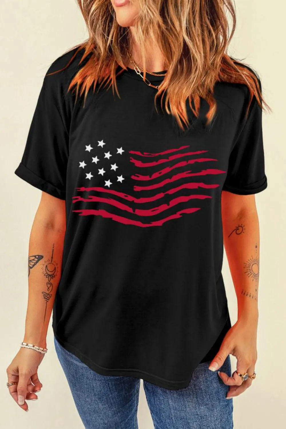 Discount Dear-Lover American Flag Graphic Crew Neck T Shirt Black