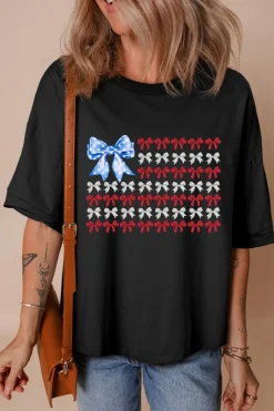 Hot Dear-Lover American Flag Inspired Bow Graphic Drop Shoulder T Shirt Black