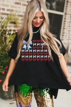 Hot Dear-Lover American Flag Inspired Bow Graphic Drop Shoulder T Shirt Black