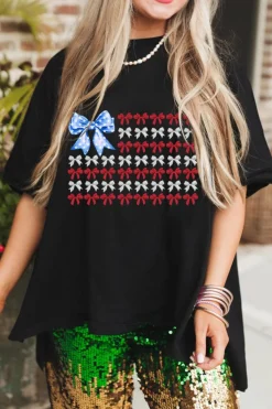 Hot Dear-Lover American Flag Inspired Bow Graphic Drop Shoulder T Shirt Black