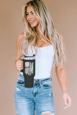 Online Dear-Lover American Flag Print Stainless Steel Portable Cup with Handle 40oz Black