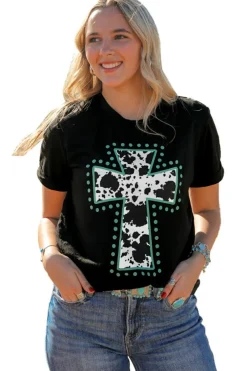 Hot Dear-Lover Animal Print Cross Graphic Tee Black