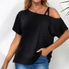 New Dear-Lover Asymmetric Criss Cross One Shoulder T Shirt Black