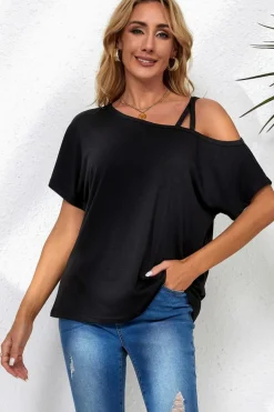 New Dear-Lover Asymmetric Criss Cross One Shoulder T Shirt Black