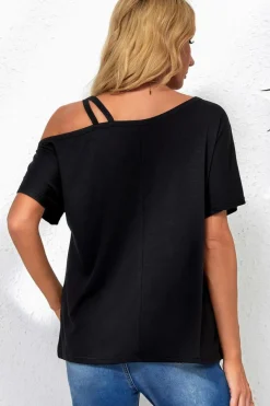 New Dear-Lover Asymmetric Criss Cross One Shoulder T Shirt Black