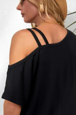New Dear-Lover Asymmetric Criss Cross One Shoulder T Shirt Black
