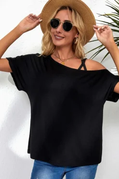 New Dear-Lover Asymmetric Criss Cross One Shoulder T Shirt Black