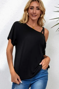 New Dear-Lover Asymmetric Criss Cross One Shoulder T Shirt Black