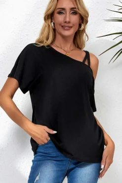 New Dear-Lover Asymmetric Criss Cross One Shoulder T Shirt Black