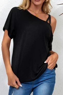 New Dear-Lover Asymmetric Criss Cross One Shoulder T Shirt Black