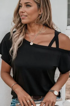 New Dear-Lover Asymmetric Criss Cross One Shoulder T Shirt Black