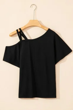 New Dear-Lover Asymmetric Criss Cross One Shoulder T Shirt Black