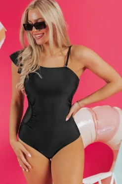 Online Dear-Lover Asymmetric Ruffle Shoulder Pleated One Piece Swimsuit Black