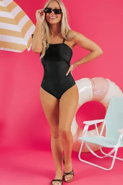 Online Dear-Lover Asymmetric Ruffle Shoulder Pleated One Piece Swimsuit Black