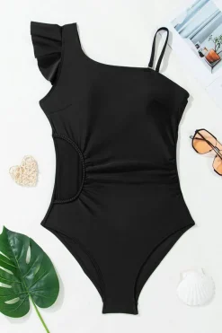 Online Dear-Lover Asymmetric Ruffle Shoulder Pleated One Piece Swimsuit Black