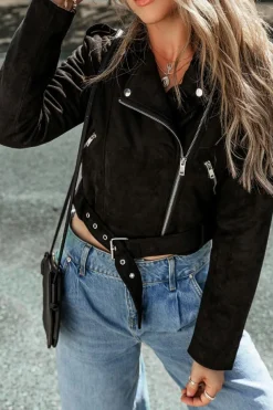 Online Dear-Lover Asymmetric Zipper Belted Hem Jacket Black