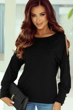 Sale Dear-Lover Asymmetrical Cut Out Buttoned Long Sleeve Top Black
