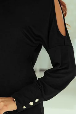Sale Dear-Lover Asymmetrical Cut Out Buttoned Long Sleeve Top Black