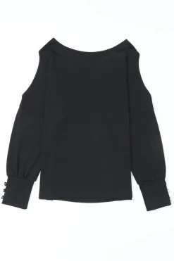 Sale Dear-Lover Asymmetrical Cut Out Buttoned Long Sleeve Top Black