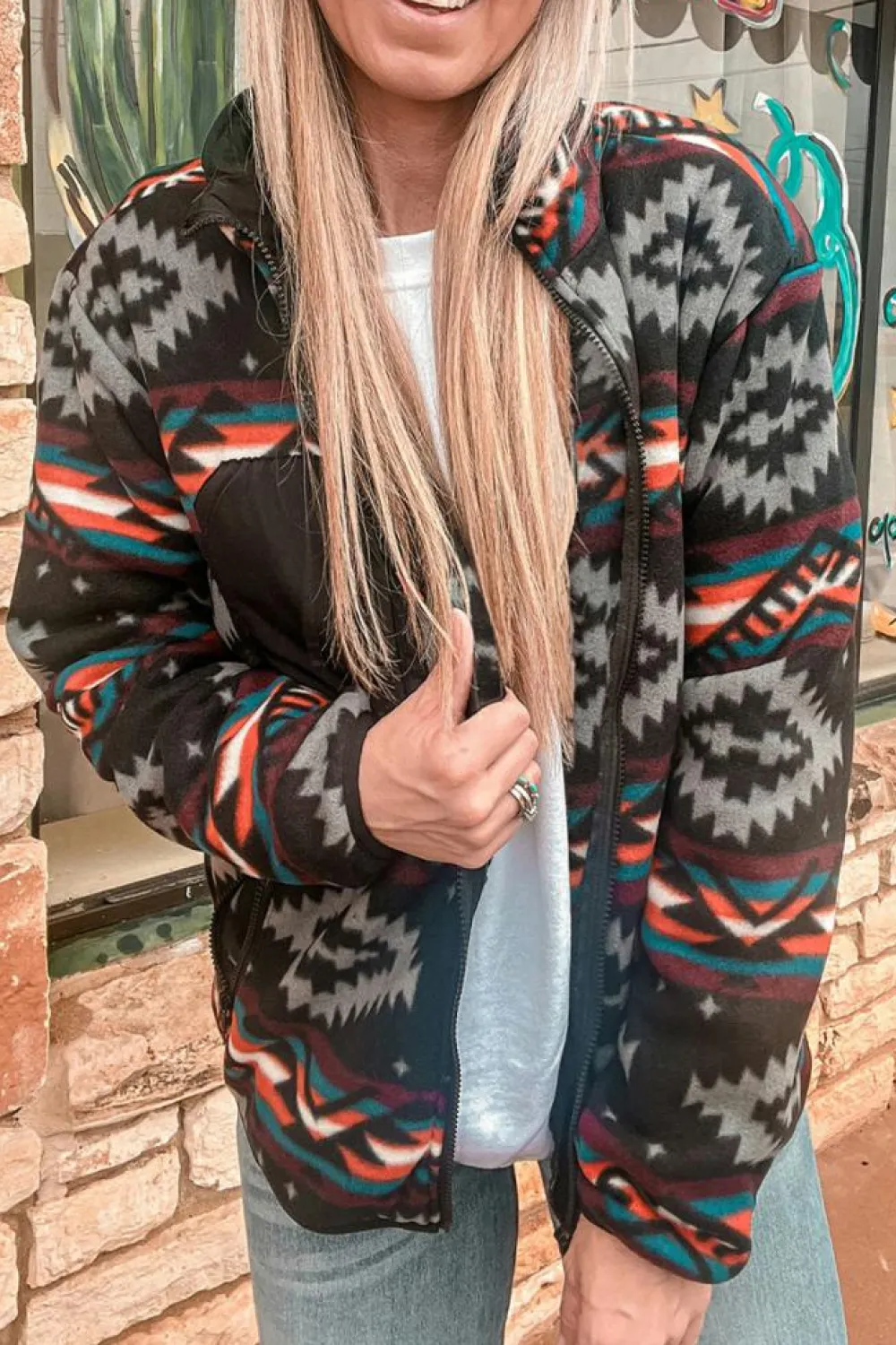 Discount Dear-Lover Aztec Printed Zip Up Collar Jacket Black