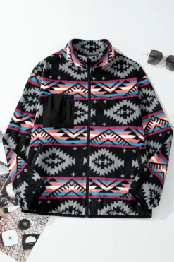Discount Dear-Lover Aztec Printed Zip Up Collar Jacket Black