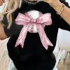 Best Dear-Lover Baseball Bow Knot Print Round Neck T Shirt Black