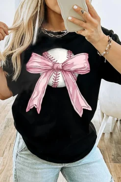 Best Dear-Lover Baseball Bow Knot Print Round Neck T Shirt Black