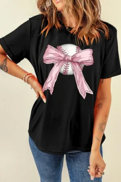 Best Dear-Lover Baseball Bow Knot Print Round Neck T Shirt Black