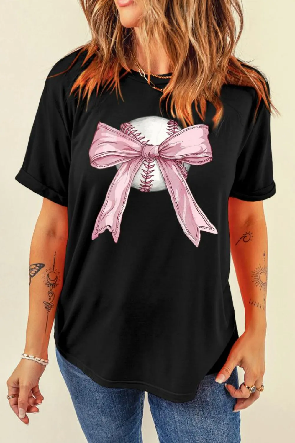 Best Dear-Lover Baseball Bow Knot Print Round Neck T Shirt Black