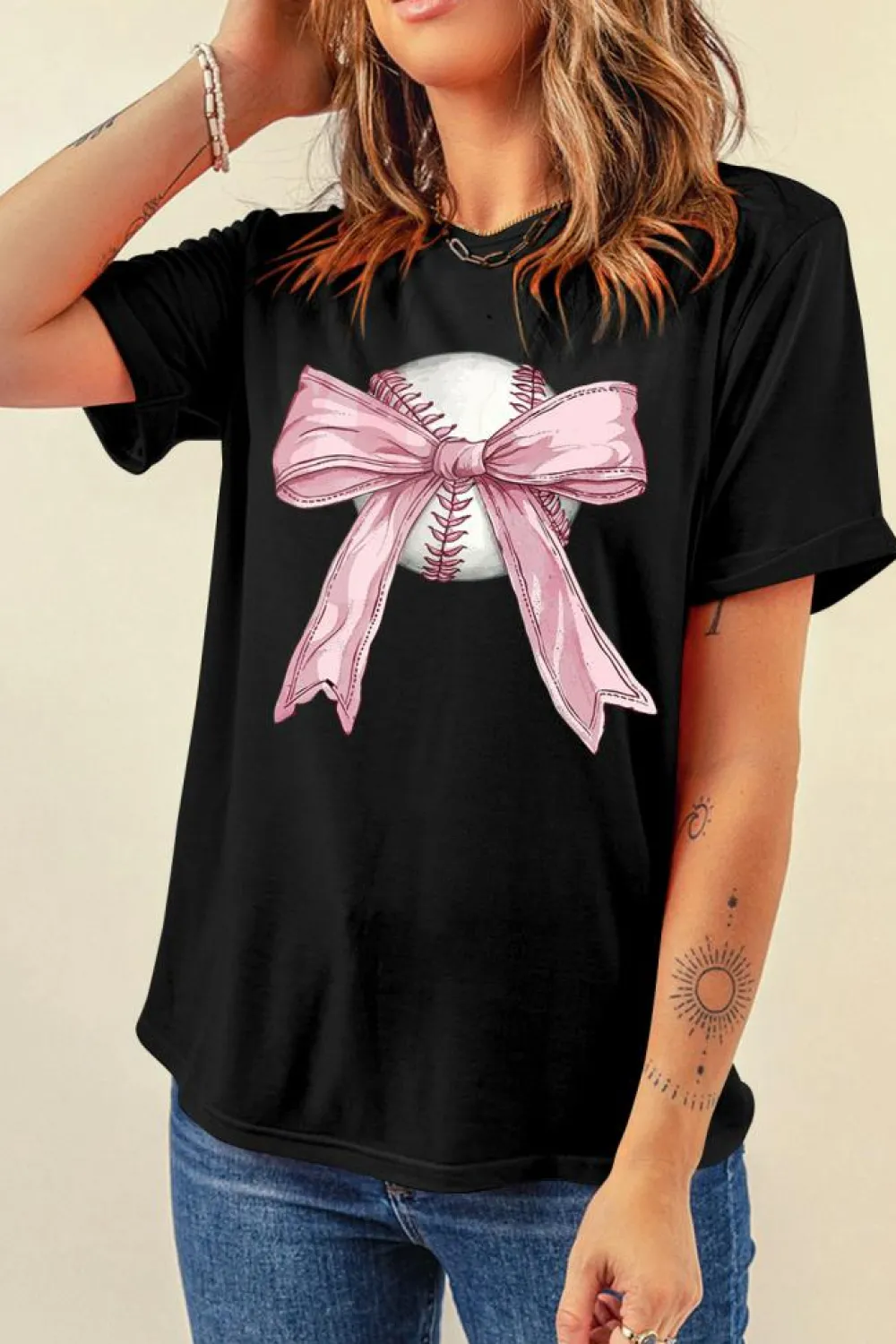 Best Dear-Lover Baseball Bow Knot Print Round Neck T Shirt Black