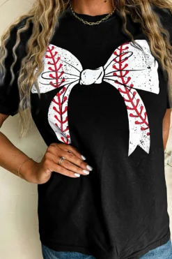 Fashion Dear-Lover Baseball Bowknot Graphic Casual Tee Black