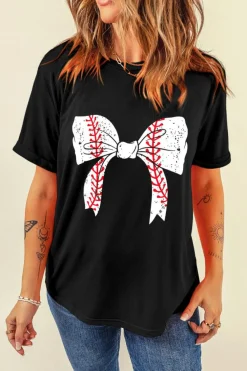 Fashion Dear-Lover Baseball Bowknot Graphic Casual Tee Black
