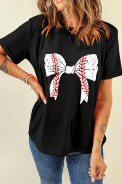 Fashion Dear-Lover Baseball Bowknot Graphic Casual Tee Black