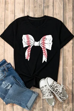 Fashion Dear-Lover Baseball Bowknot Graphic Casual Tee Black
