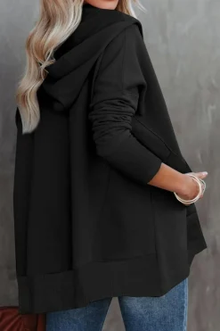 Fashion Dear-Lover Batwing Sleeve Pocketed Henley Hoodie Black