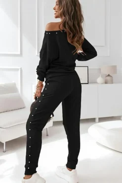 New Dear-Lover Beaded Decor Pullover and Jogger Pants Set Black