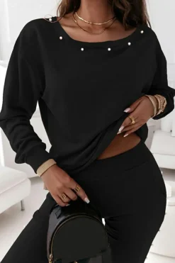 New Dear-Lover Beaded Decor Pullover and Jogger Pants Set Black