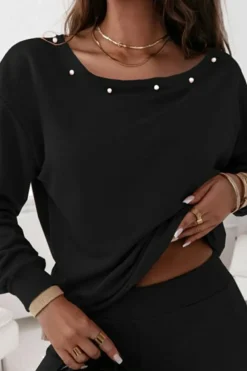 New Dear-Lover Beaded Decor Pullover and Jogger Pants Set Black
