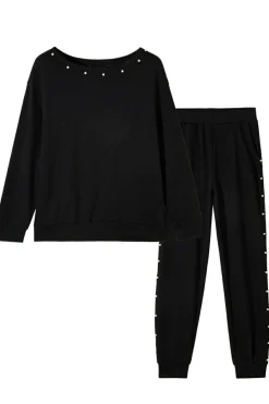 New Dear-Lover Beaded Decor Pullover and Jogger Pants Set Black