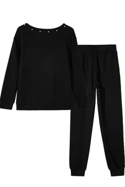 New Dear-Lover Beaded Decor Pullover and Jogger Pants Set Black