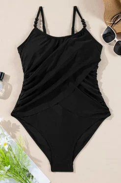 Outlet Dear-Lover Beaded Spaghetti Straps Ruched Overlapped Colorblock One Piece Swimsuit Black