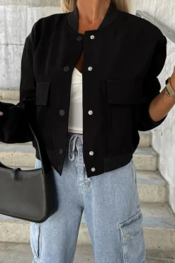 Discount Dear-Lover Big Pockets Baseball Collar Jacket Black
