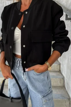 Discount Dear-Lover Big Pockets Baseball Collar Jacket Black