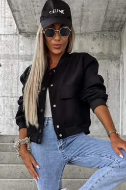 Discount Dear-Lover Big Pockets Baseball Collar Jacket Black