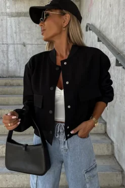 Discount Dear-Lover Big Pockets Baseball Collar Jacket Black