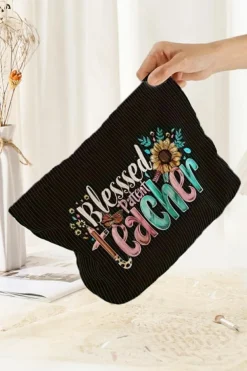 New Dear-Lover Blessed Teacher Flower Pencil Print Corduroy Storage Bag Black