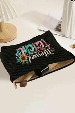New Dear-Lover Blessed Teacher Flower Pencil Print Corduroy Storage Bag Black